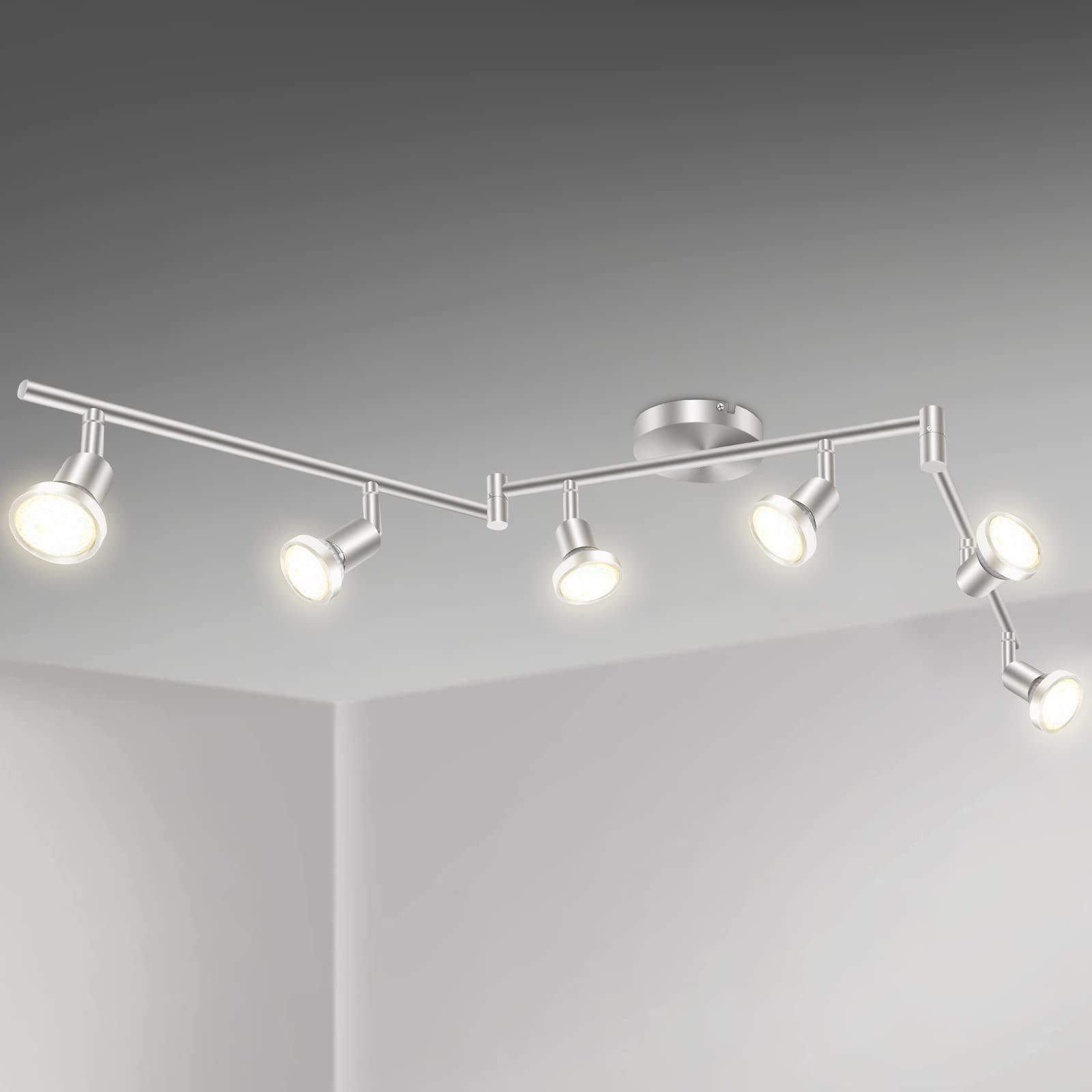 Ceiling Lights: LED Ceiling Light 6 Way Rotatable Spot Lights for Ceiling,Flexible Ceiling Lights for Bedroom,Living Room,Nickel with Protectiv Bulb Trims(Gu10 Bulbs Not Included)