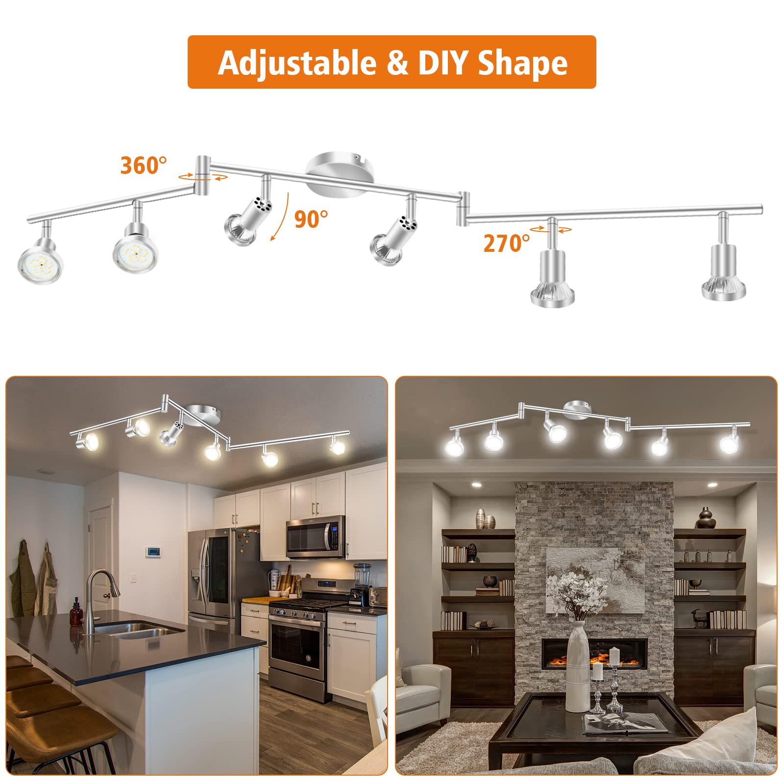 Ceiling Lights: LED Ceiling Light 6 Way Rotatable Spot Lights for Ceiling,Flexible Ceiling Lights for Bedroom,Living Room,Nickel with Protectiv Bulb Trims(Gu10 Bulbs Not Included)