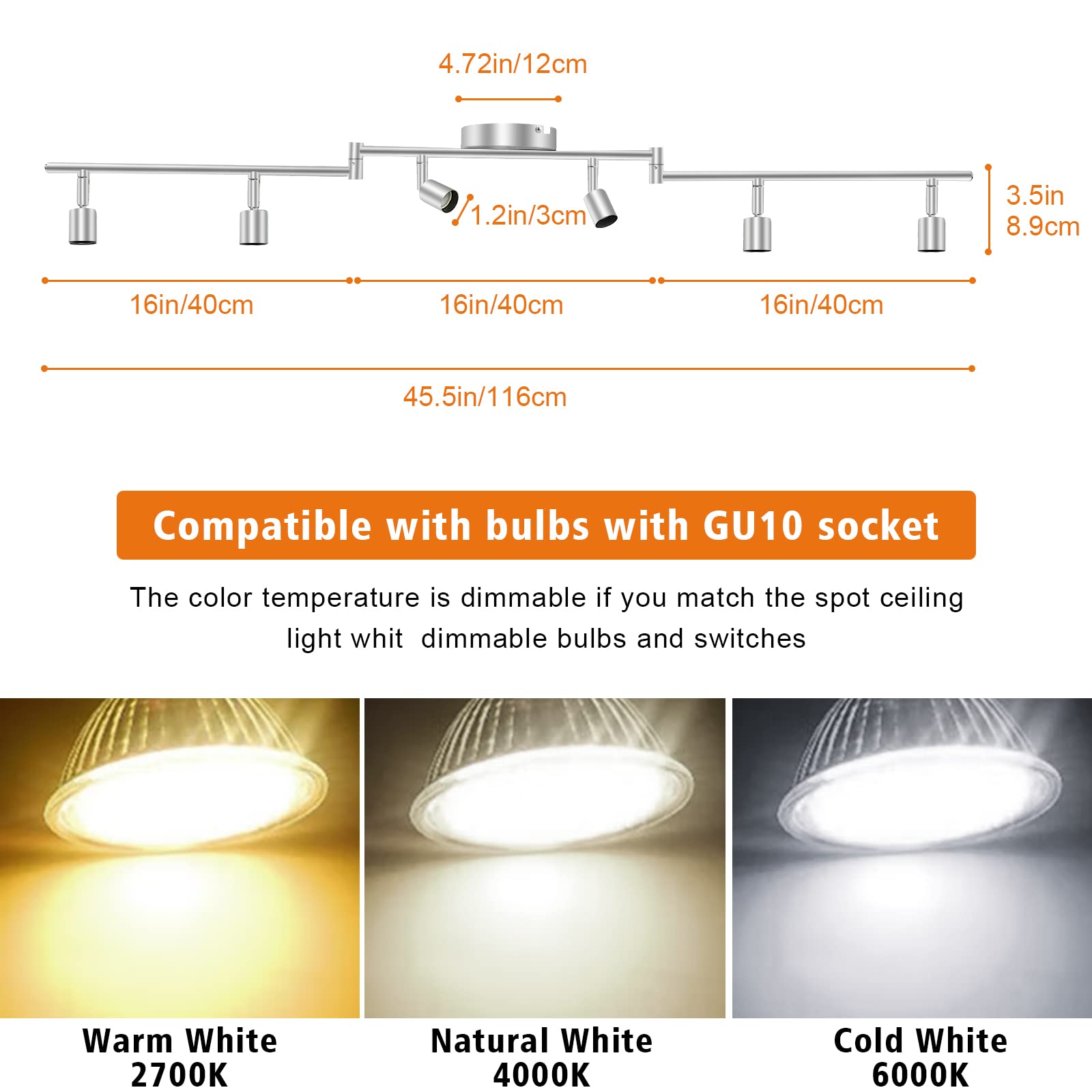 Ceiling Lights: LED Ceiling Light 6 Way Rotatable Spot Lights for Ceiling,Flexible Ceiling Lights for Bedroom,Living Room,Nickel with Protectiv Bulb Trims(Gu10 Bulbs Not Included)