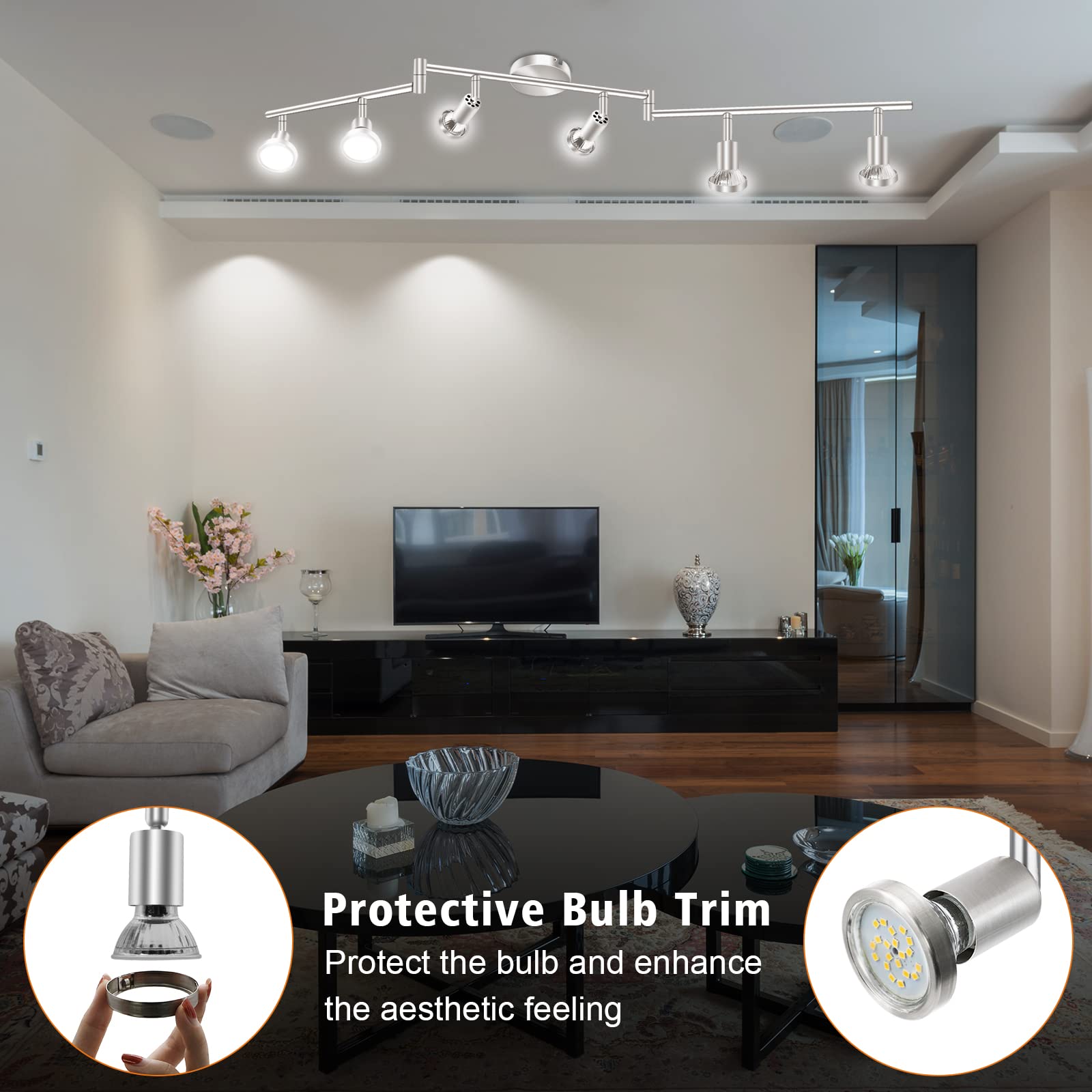 Ceiling Lights: LED Ceiling Light 6 Way Rotatable Spot Lights for Ceiling,Flexible Ceiling Lights for Bedroom,Living Room,Nickel with Protectiv Bulb Trims(Gu10 Bulbs Not Included)