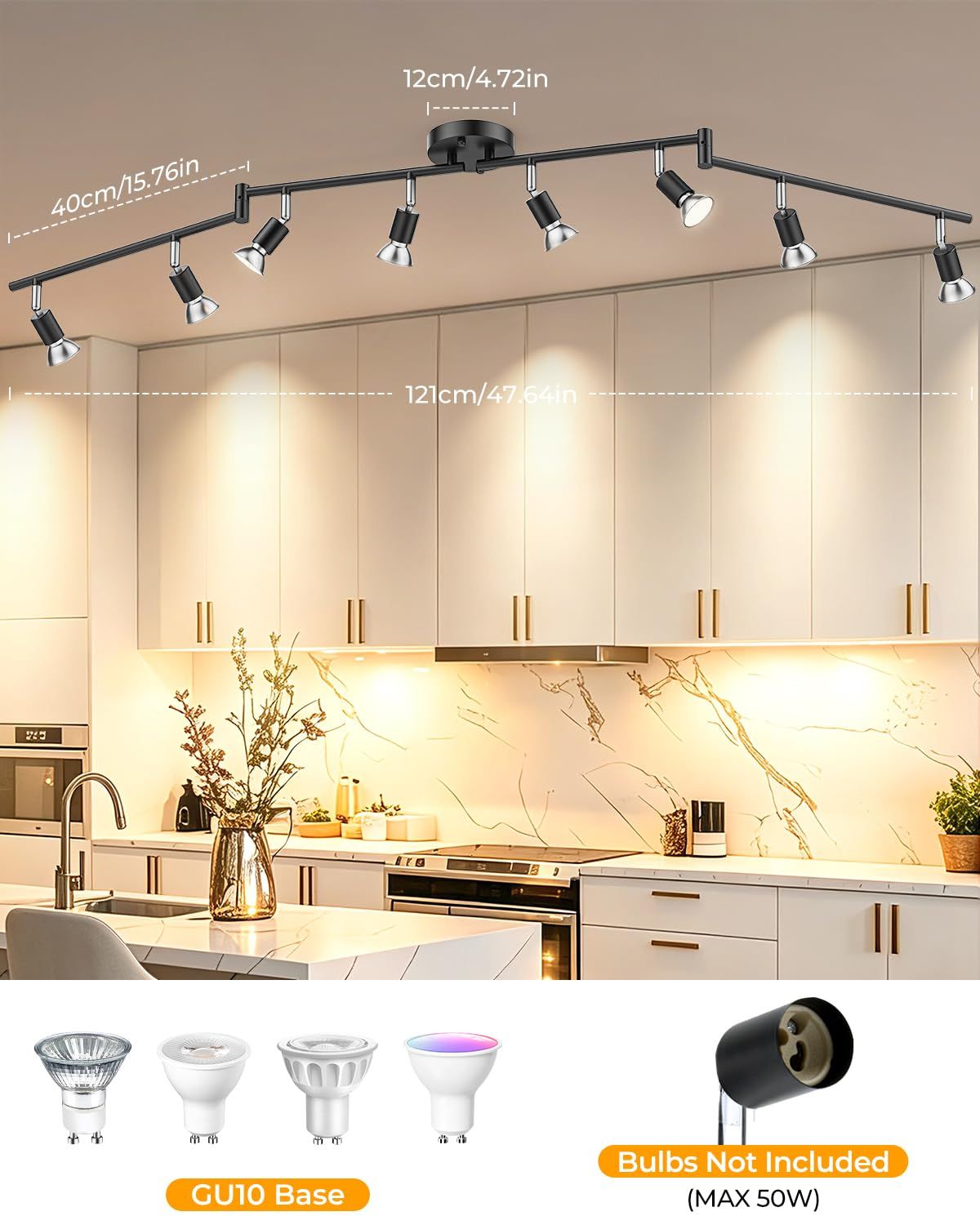 Black Track Lighting Fixture Ceiling, LED Flexible Track Lights with Swing Arm, 8-Light Directional Black Flush Mount Ceiling Spotlight for Kitchen, Living Room (GU10 Bulbs NOT Included)