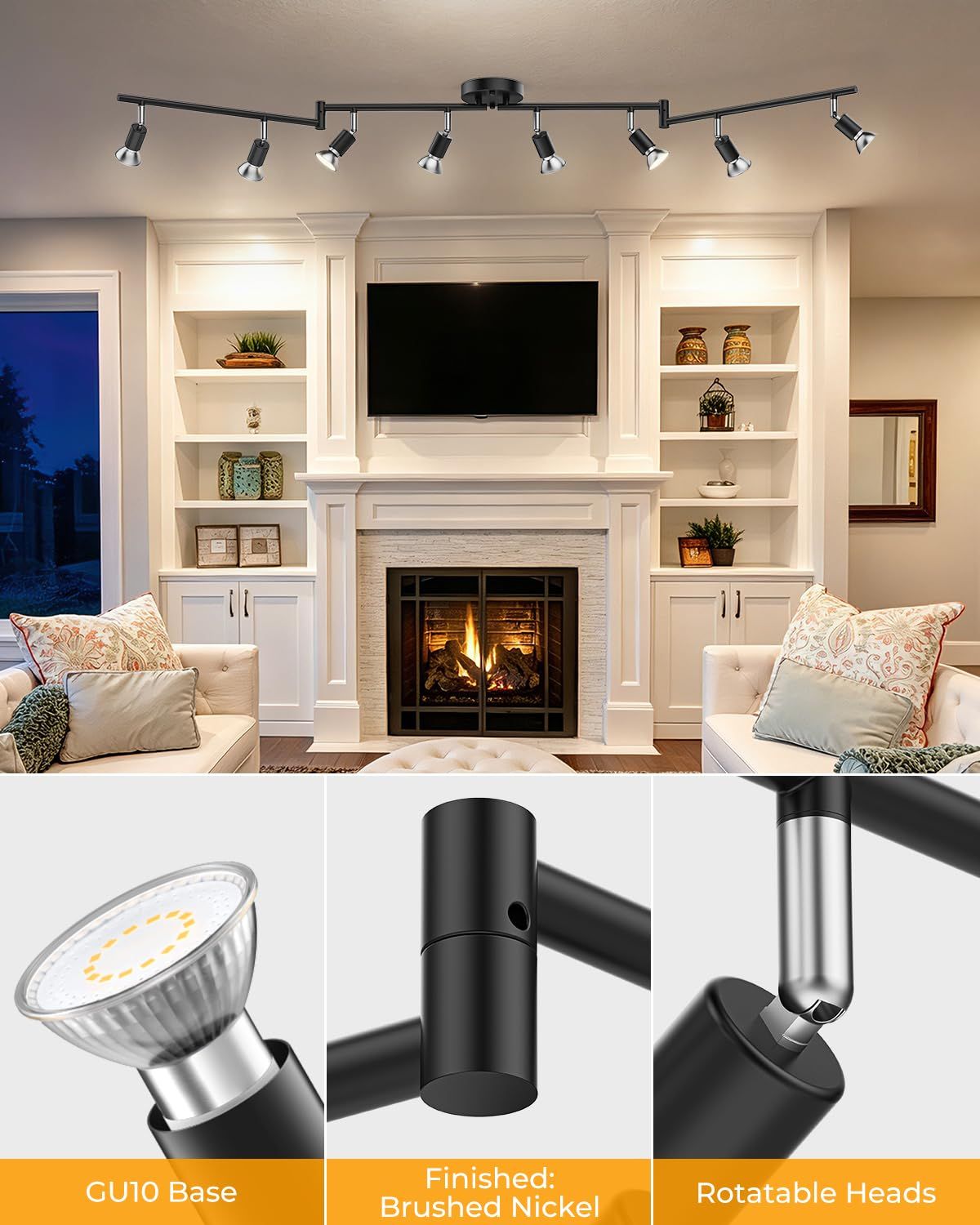 Black Track Lighting Fixture Ceiling, LED Flexible Track Lights with Swing Arm, 8-Light Directional Black Flush Mount Ceiling Spotlight for Kitchen, Living Room (GU10 Bulbs NOT Included)
