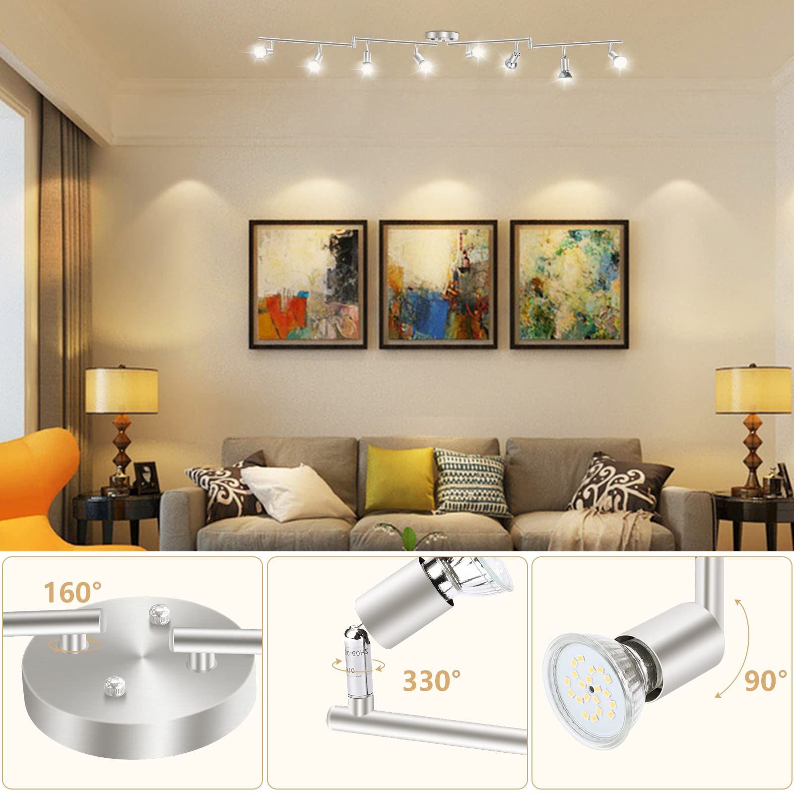 8 Lights LED Track Lighting Kit, Foldable Ceiling Spot Lighting with Flexibly Rotatable Head, Track Light for Kitchen Hallway Room Closet, GU10 Bulbs Not Included (Brush Nickel 8 Heads)