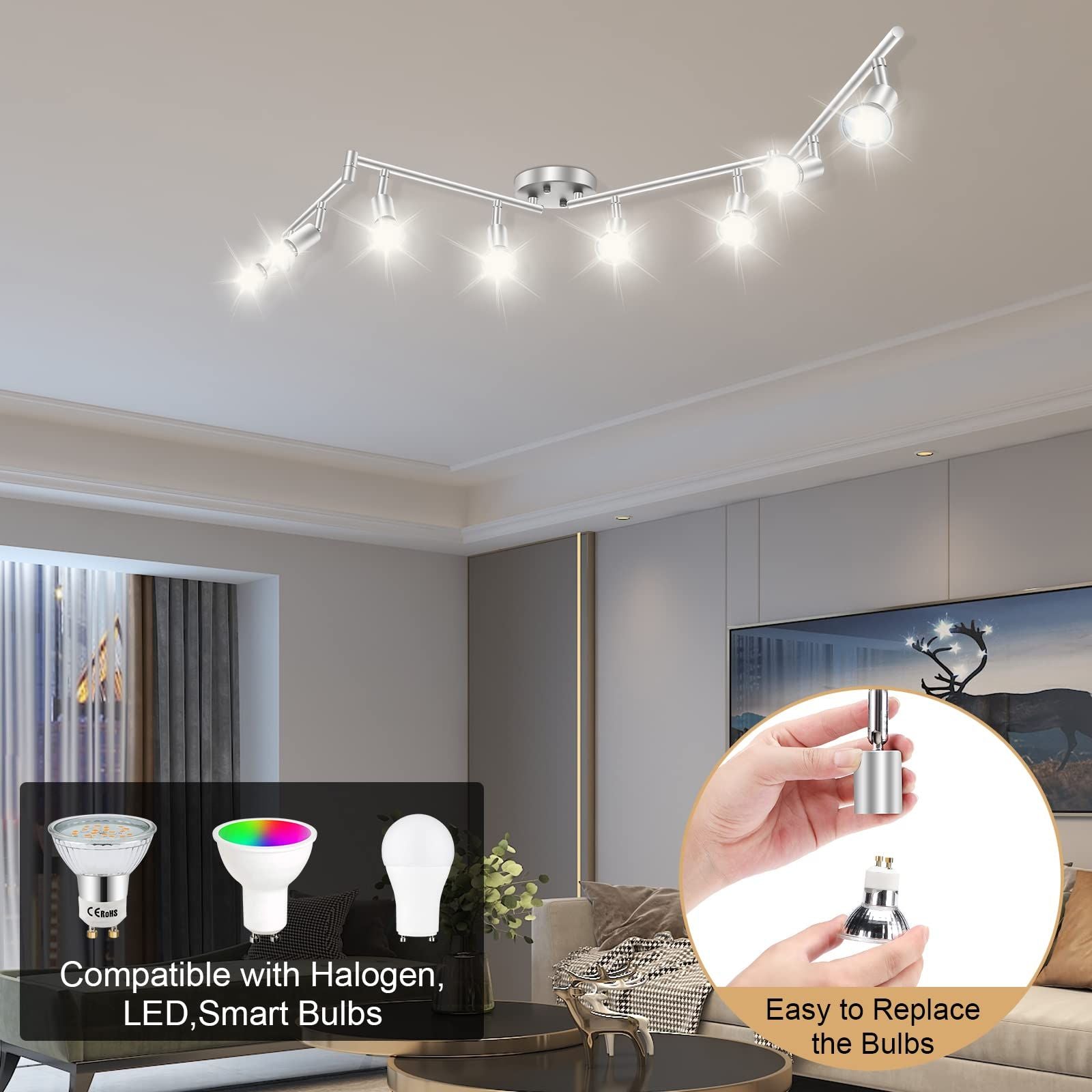 8 Lights LED Track Lighting Kit, Foldable Ceiling Spot Lighting with Flexibly Rotatable Head, Track Light for Kitchen Hallway Room Closet, GU10 Bulbs Not Included (Brush Nickel 8 Heads)