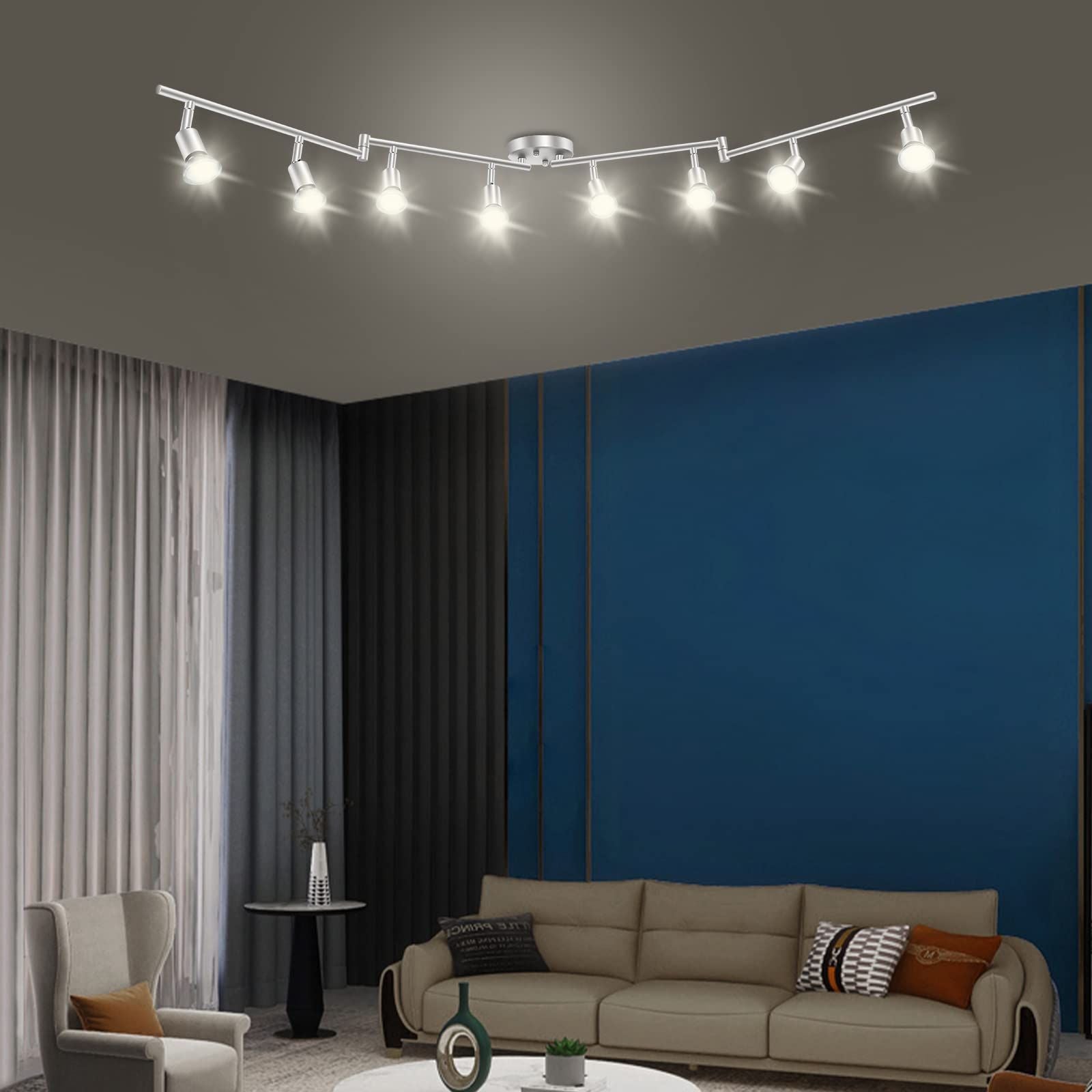 8 Lights LED Track Lighting Kit, Foldable Ceiling Spot Lighting with Flexibly Rotatable Head, Track Light for Kitchen Hallway Room Closet, GU10 Bulbs Not Included (Brush Nickel 8 Heads)