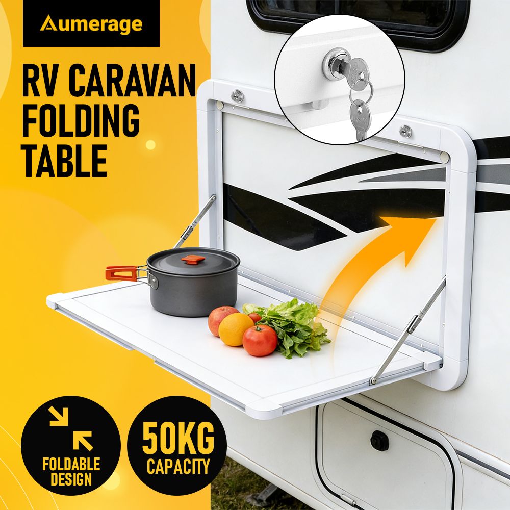 Heavy Duty Folding Caravan Table 800 x 450mm – Full Metal Frame, Lockable, 50kg Max Capacity, White