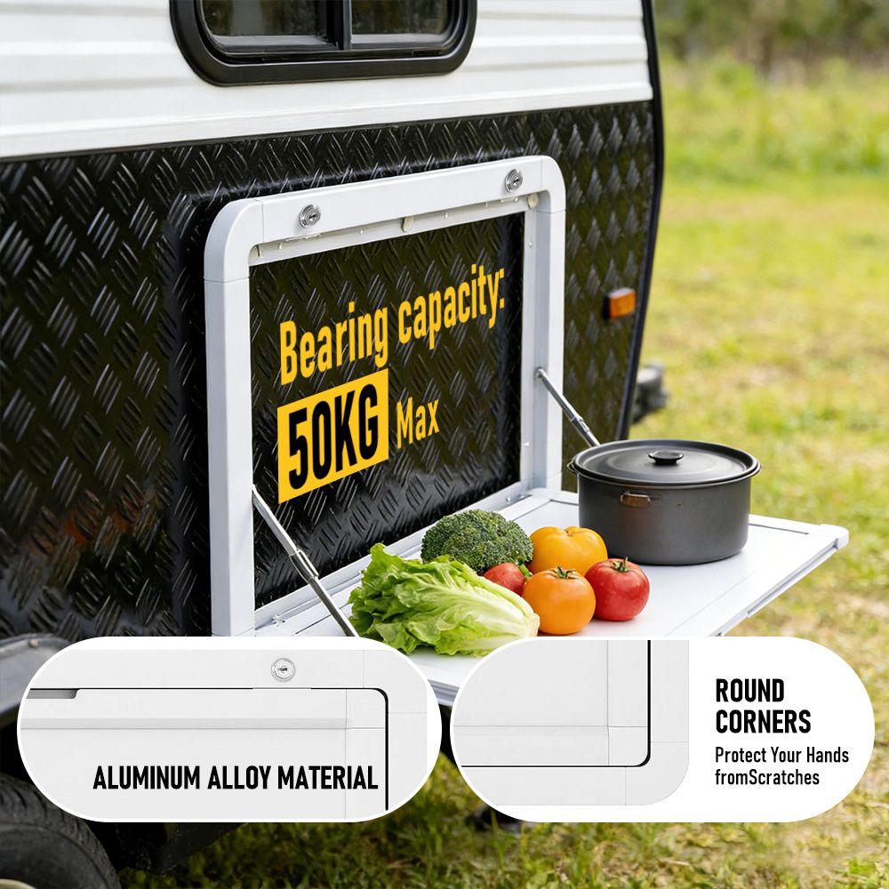 Heavy Duty Folding Caravan Table 800 x 450mm – Full Metal Frame, Lockable, 50kg Max Capacity, White