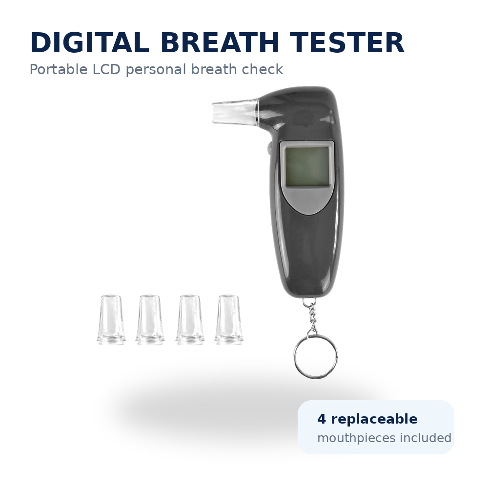 Digital Breathalyser Alcohol Tester LCD 118x70x28mm 4 Mouthpieces Semiconductor Sensor Auto-Off Keychain Portable