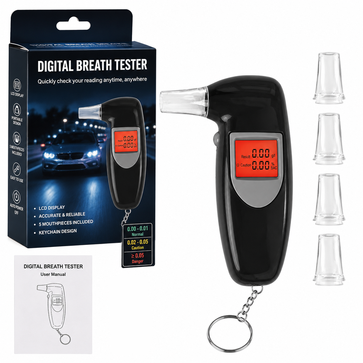 Digital Breathalyser Alcohol Tester LCD 118x70x28mm 4 Mouthpieces Semiconductor Sensor Auto-Off Keychain Portable