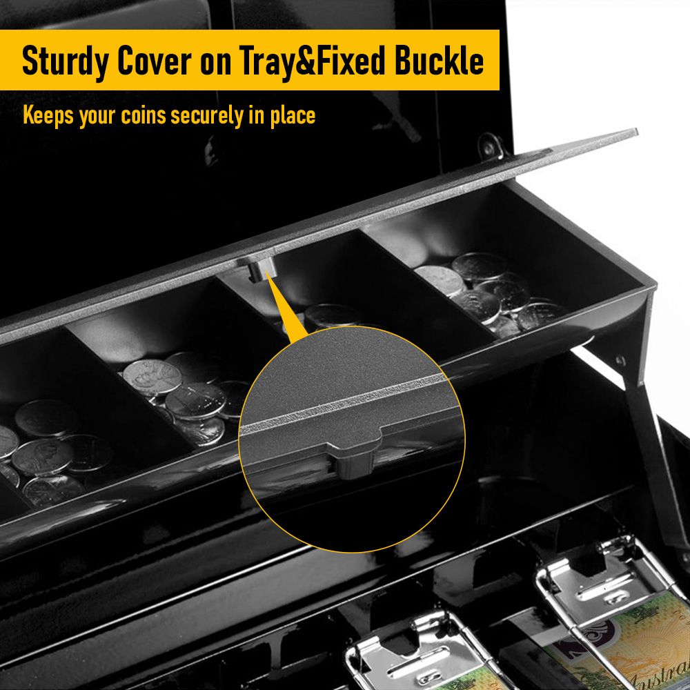 Lockable Cash Box with Coin Tray â€“ Durable Metal Money Box with Key Lock for Bills & Change â€“ Black
