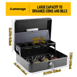 Lockable Cash Box with Coin Tray – Durable Metal Money Box with Key Lock for Bills & Change – Black