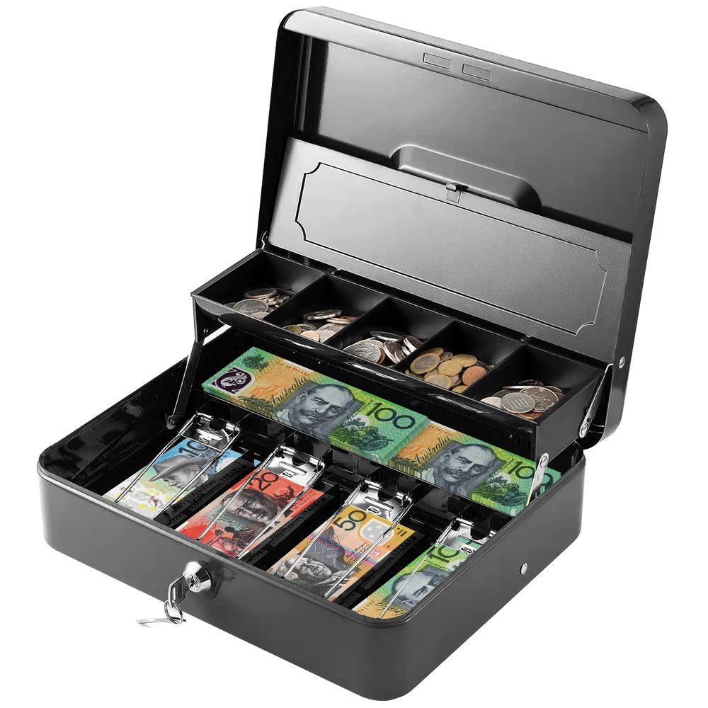 Lockable Cash Box with Coin Tray â€“ Durable Metal Money Box with Key Lock for Bills & Change â€“ Black