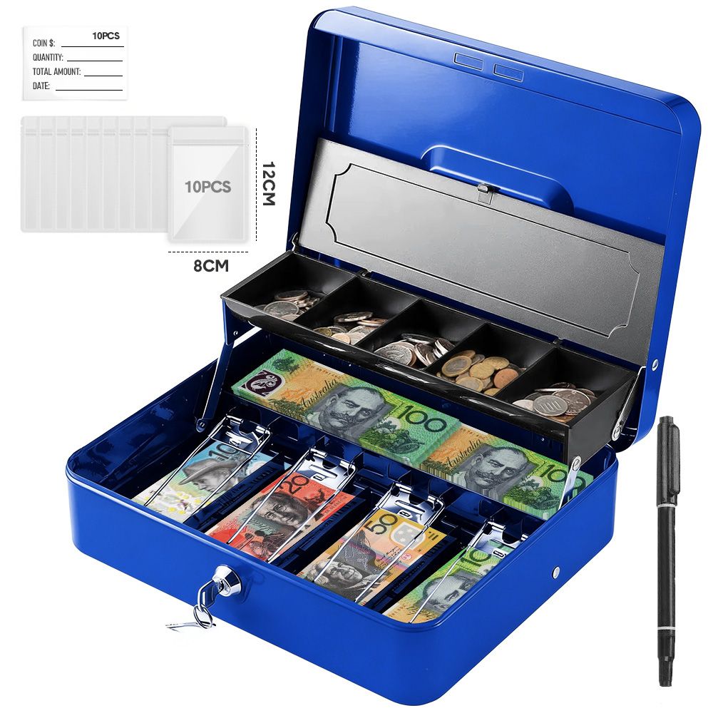 Lockable Cash Box with Coin Tray â€“ Durable Metal Money Box with Key Lock for Bills & Change â€“ Blue