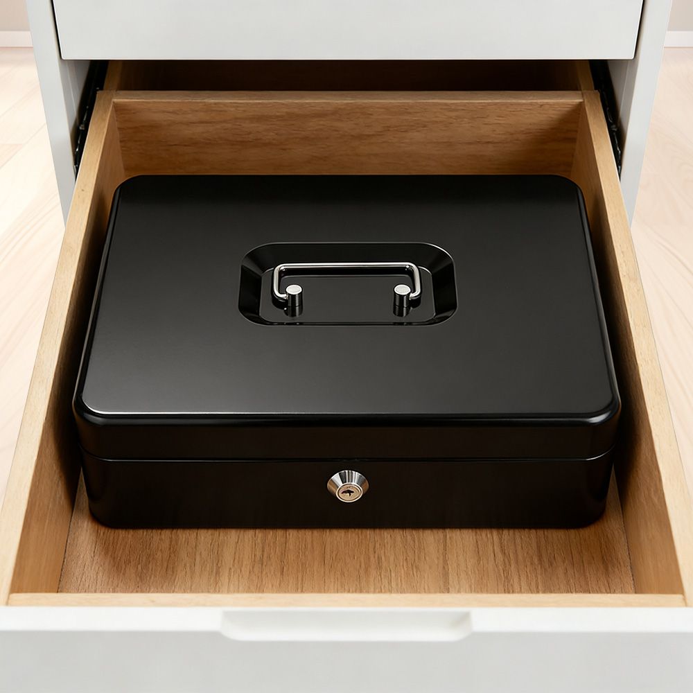 Lockable Cash Box with Coin Tray â€“ Durable Metal Money Box with Key Lock for Bills & Change â€“ Blue