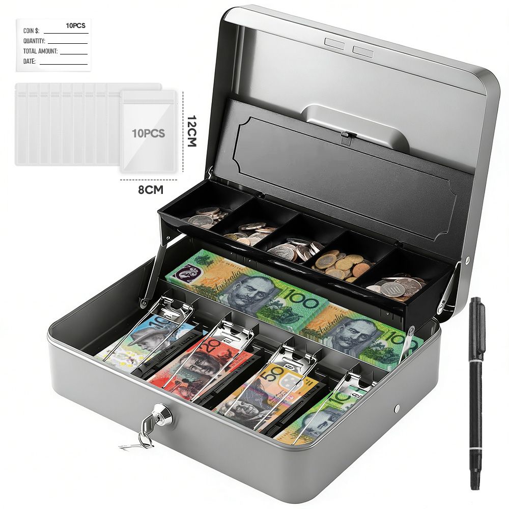 Lockable Cash Box with Coin Tray â€“ Durable Metal Money Box with Key Lock for Bills & Change â€“ Grey