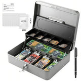 Lockable Cash Box with Coin Tray – Durable Metal Money Box with Key Lock for Bills & Change – Grey
