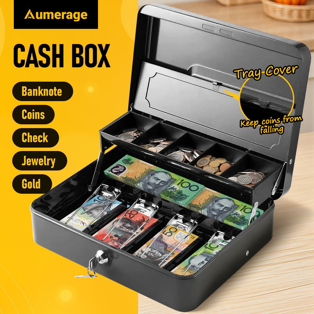 Lockable Cash Box with Coin Tray â€“ Durable Metal Money Box with Key Lock for Bills & Change â€“ Grey