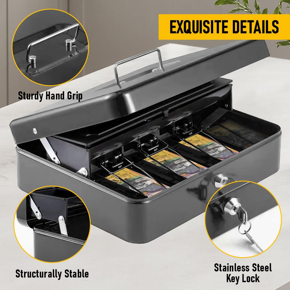 Lockable Cash Box with Coin Tray â€“ Durable Metal Money Box with Key Lock for Bills & Change â€“ Grey