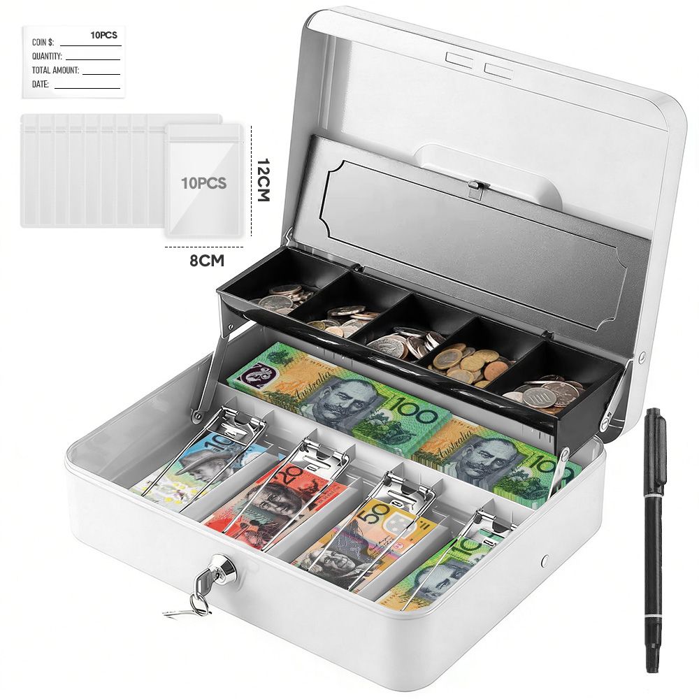 Lockable Cash Box with Coin Tray â€“ Durable Metal Money Box with Key Lock for Bills & Change â€“ White