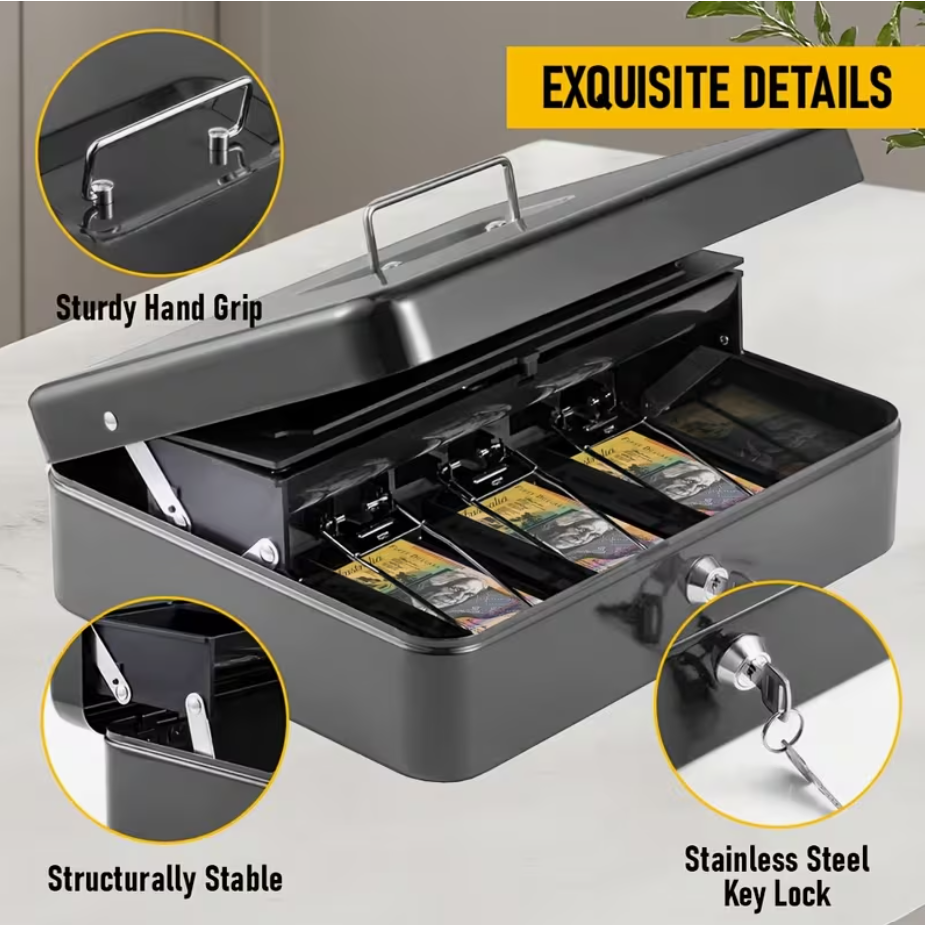 Portable Heavy-Duty Metal Cash Box with Key Lock & Security Cable Lock Suitable for Small Business