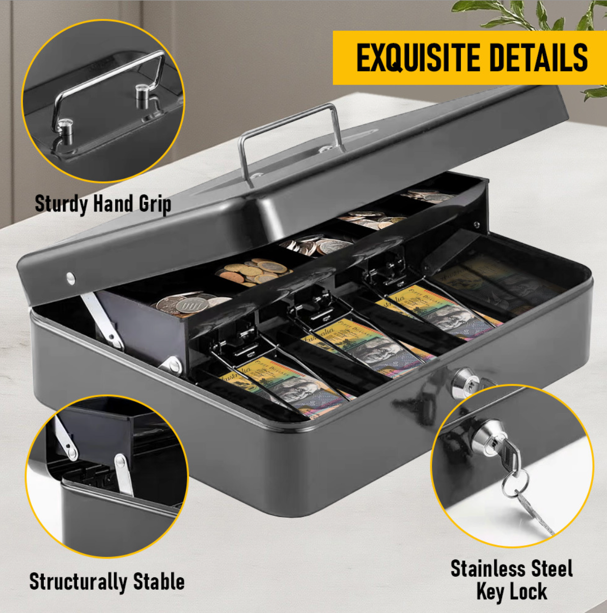 Cash Box With Security Locker And Security Cable, Money Box/Cash Tin With Money Tray For Saving Organizer-Black