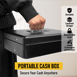 Cash Box With Security Locker And Security Cable, Money Box/Cash Tin With Money Tray For Saving Organizer-Black