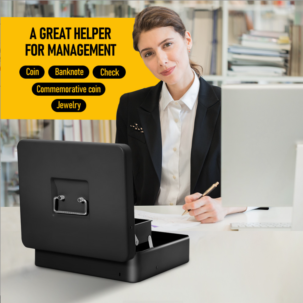 Cash Box With Security Locker And Security Cable, Money Box/Cash Tin With Money Tray For Saving Organizer-Black