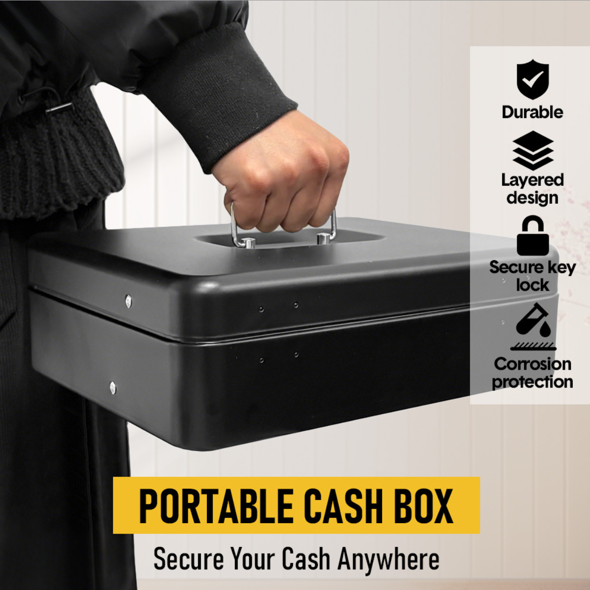 Cash Box With Security Locker And Security Cable, Money Box/Cash Tin With Money Tray For Saving Organizer-Blue