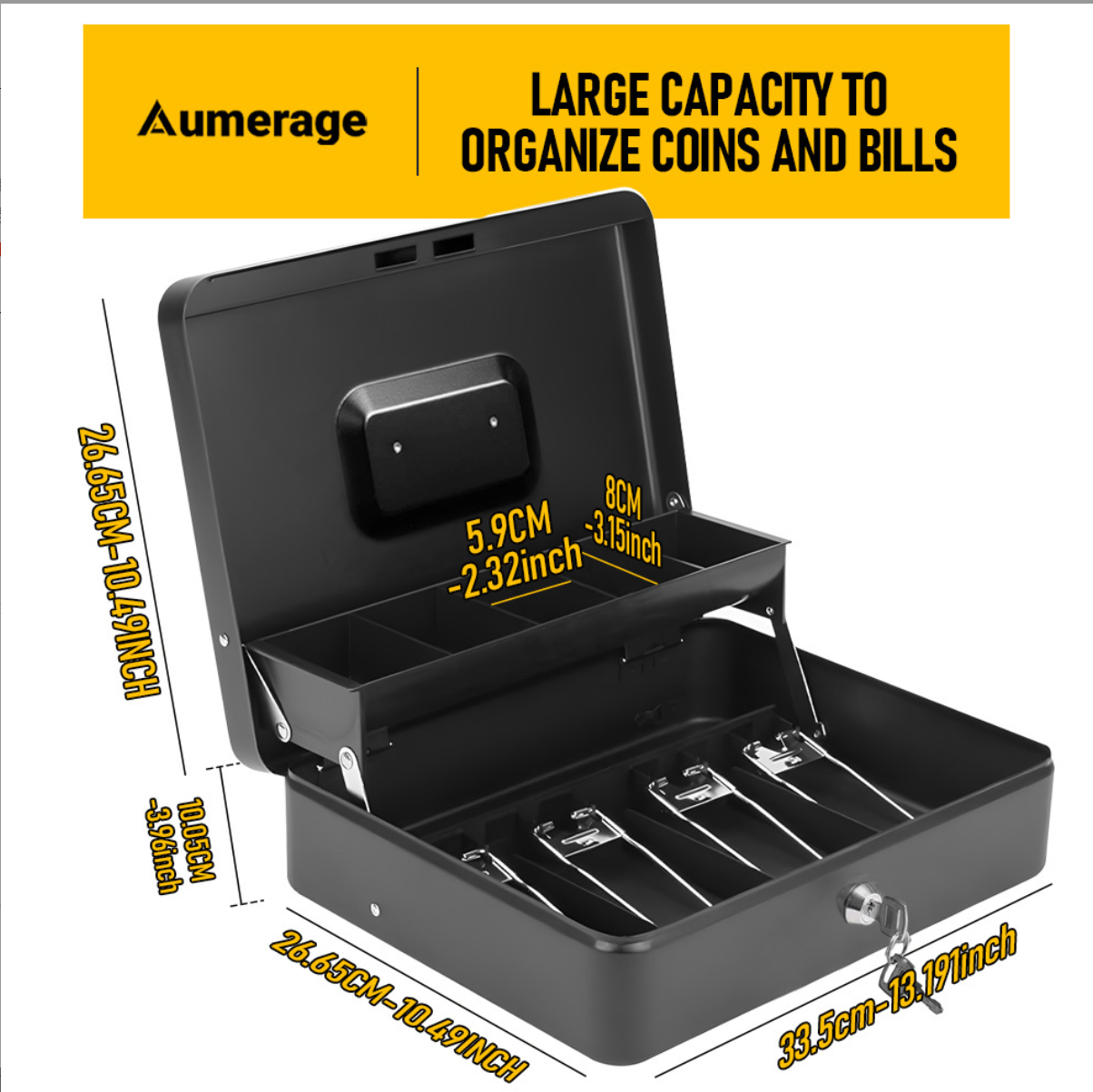 Cash Box With Security Locker And Security Cable, Money Box/Cash Tin With Money Tray For Saving Organizer-Grey