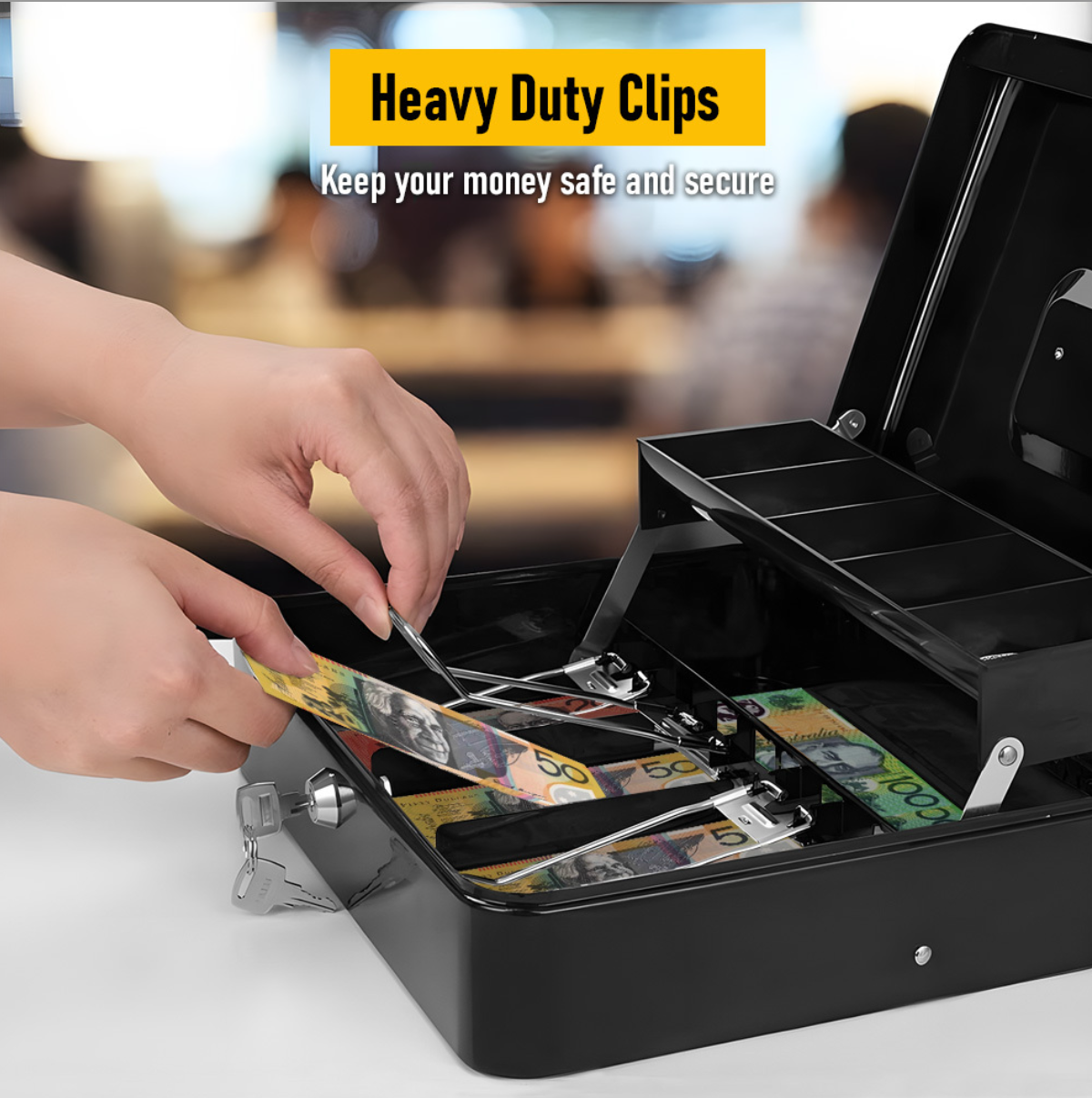 Cash Box With Security Locker And Security Cable, Money Box/Cash Tin With Money Tray For Saving Organizer-Grey