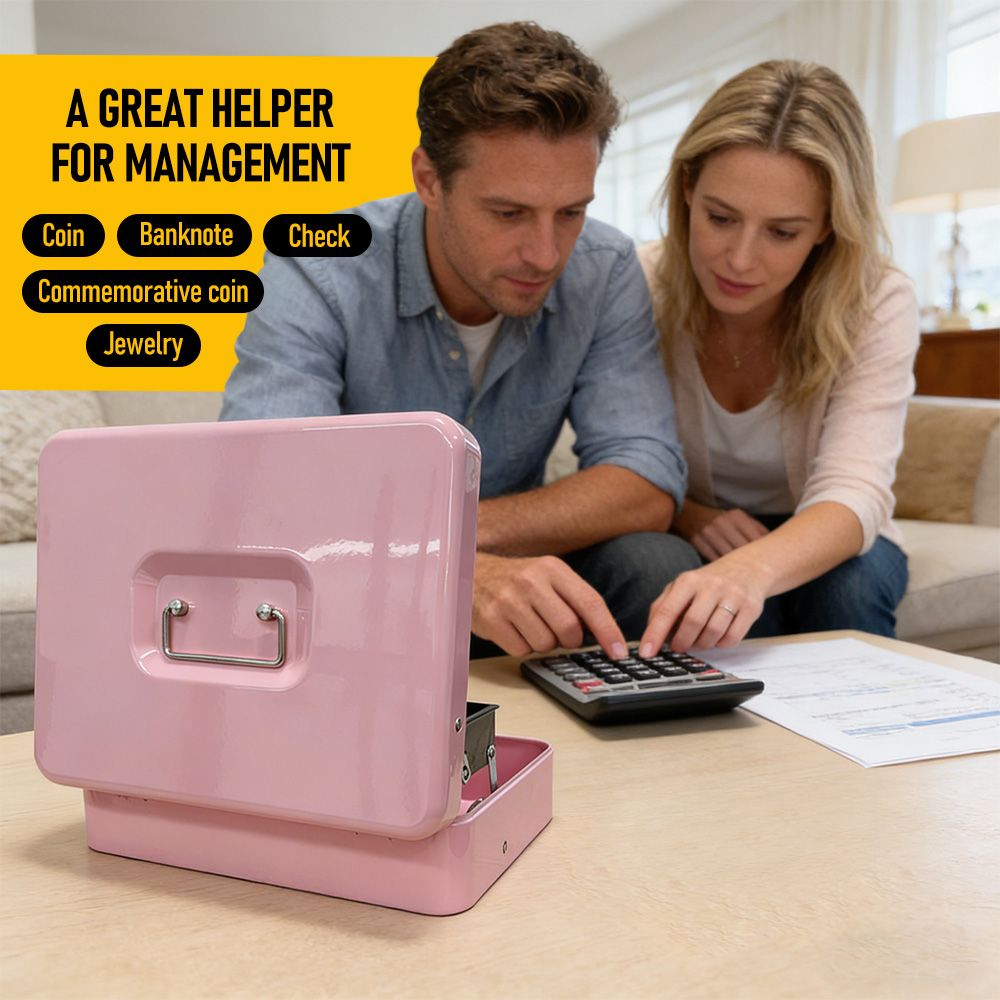 Cash Box With Security Locker And Security Cable, Money Box/Cash Tin With Money Tray For Saving Organizer-Pink