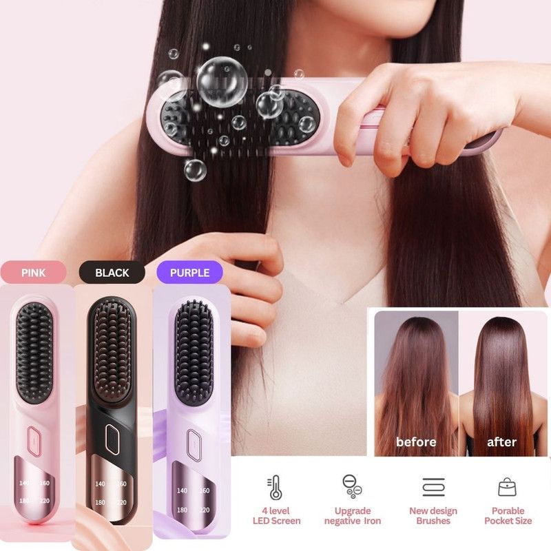 Cordless Hair Straightener Brush Portable Mini Ionic Straightening Comb 4000mAh-Black