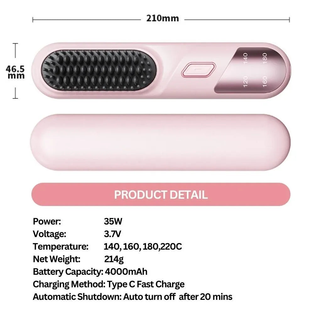 Cordless Hair Straightener Brush Portable Mini Ionic Straightening Comb 4000mAh-Black