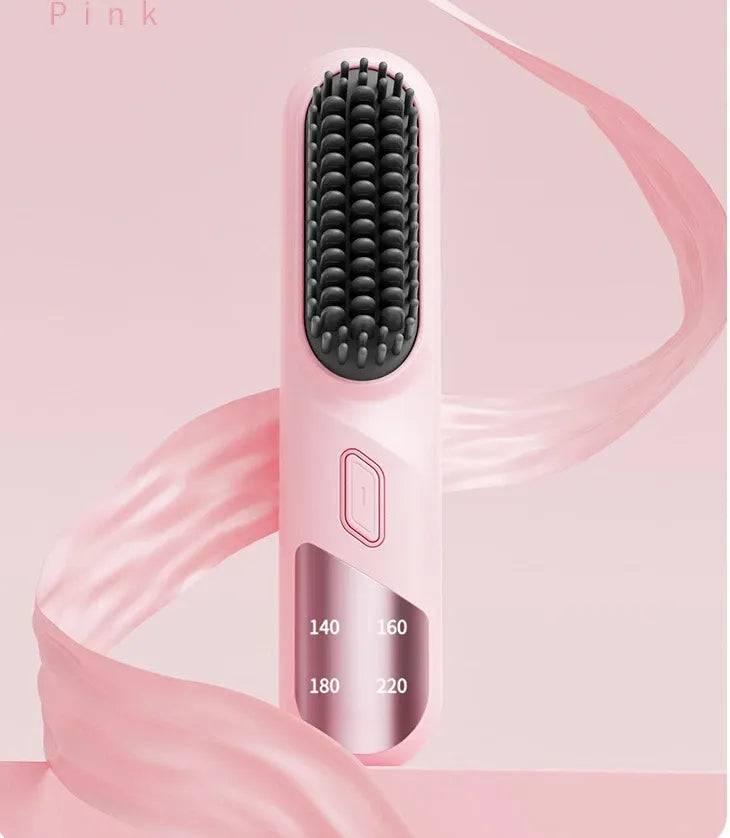Cordless Hair Straightener Brush Portable Mini Ionic Straightening Comb 4000mAh-Pink