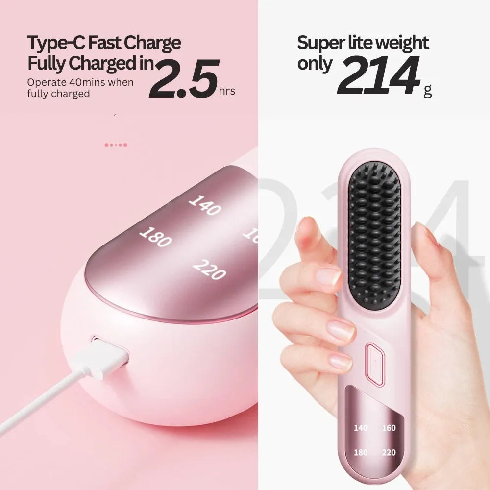 Cordless Hair Straightener Brush Portable Mini Ionic Straightening Comb 4000mAh-Pink