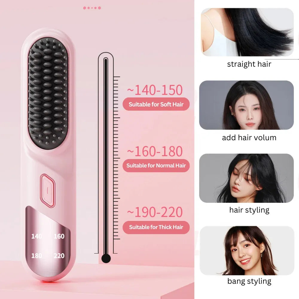 Cordless Hair Straightener Brush Portable Mini Ionic Straightening Comb 4000mAh-Purple