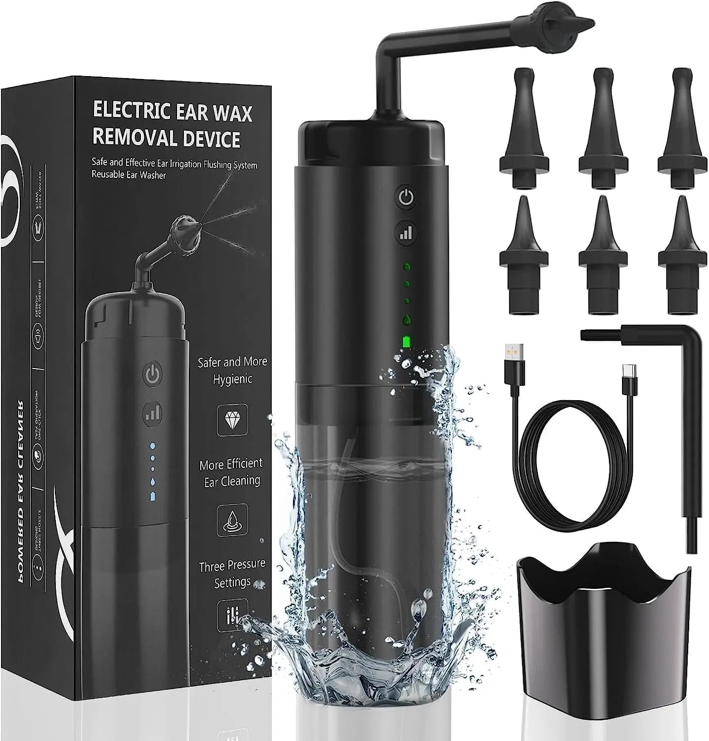 Water Powered Ear Cleaner Electric Triple Jet Stream 3 Pressure Water Resistant