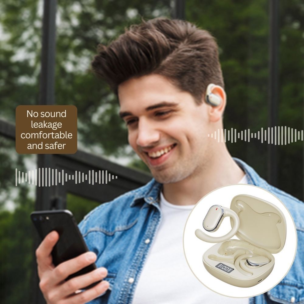 Bluetooth 5.3 Wireless Earbuds Deep Bass Over Ear - Beige