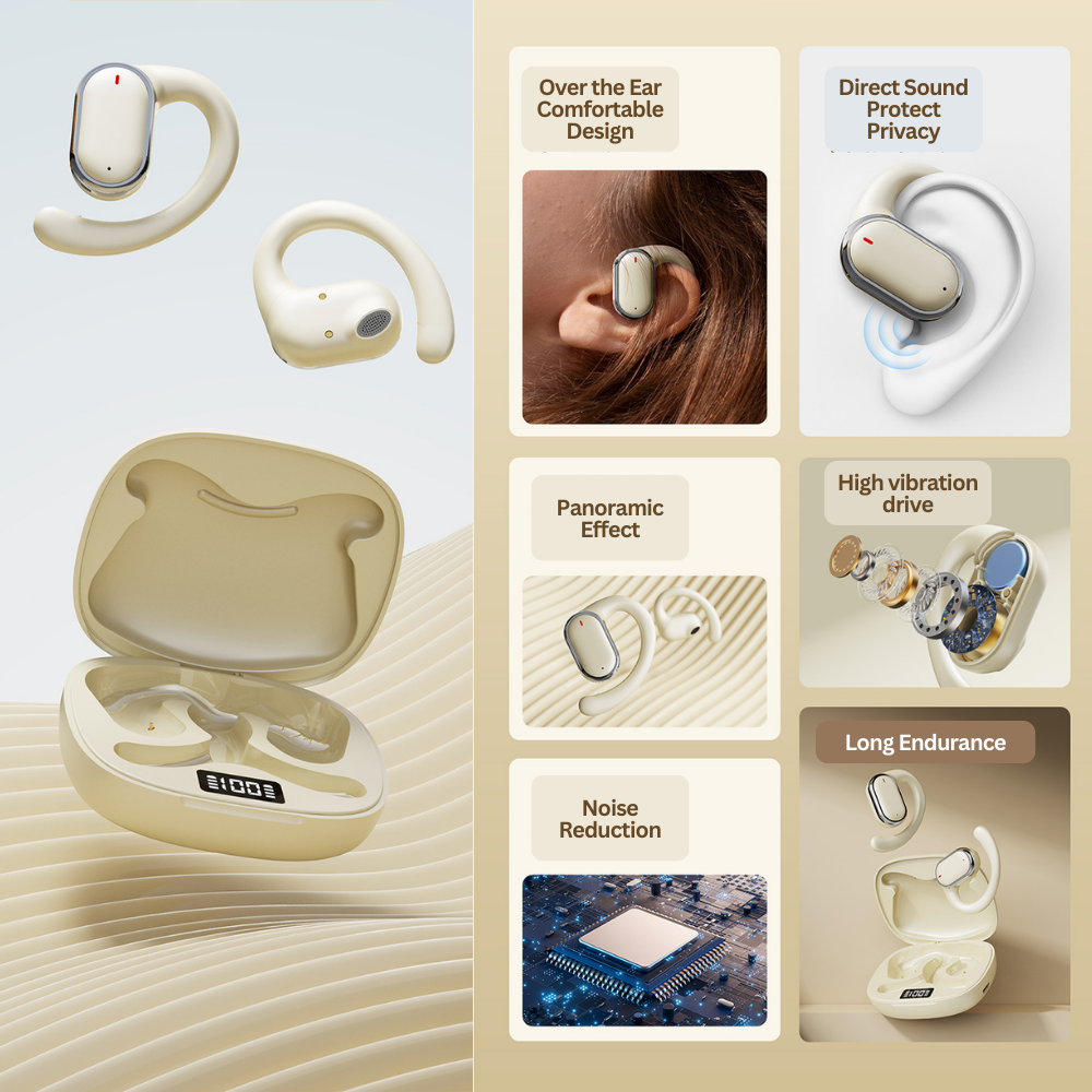 Bluetooth 5.3 Wireless Earbuds Deep Bass Over Ear - Beige