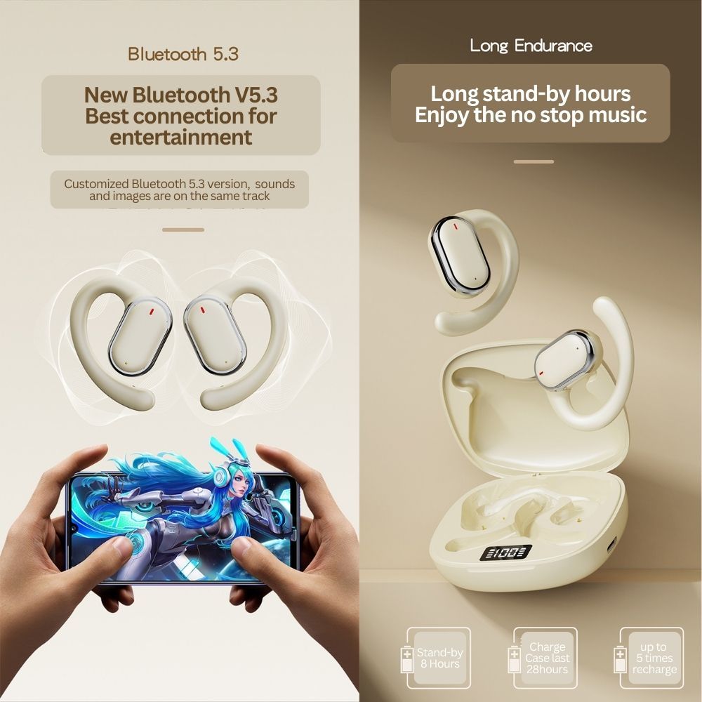 Bluetooth 5.3 Wireless Earbuds Deep Bass Over Ear - Black
