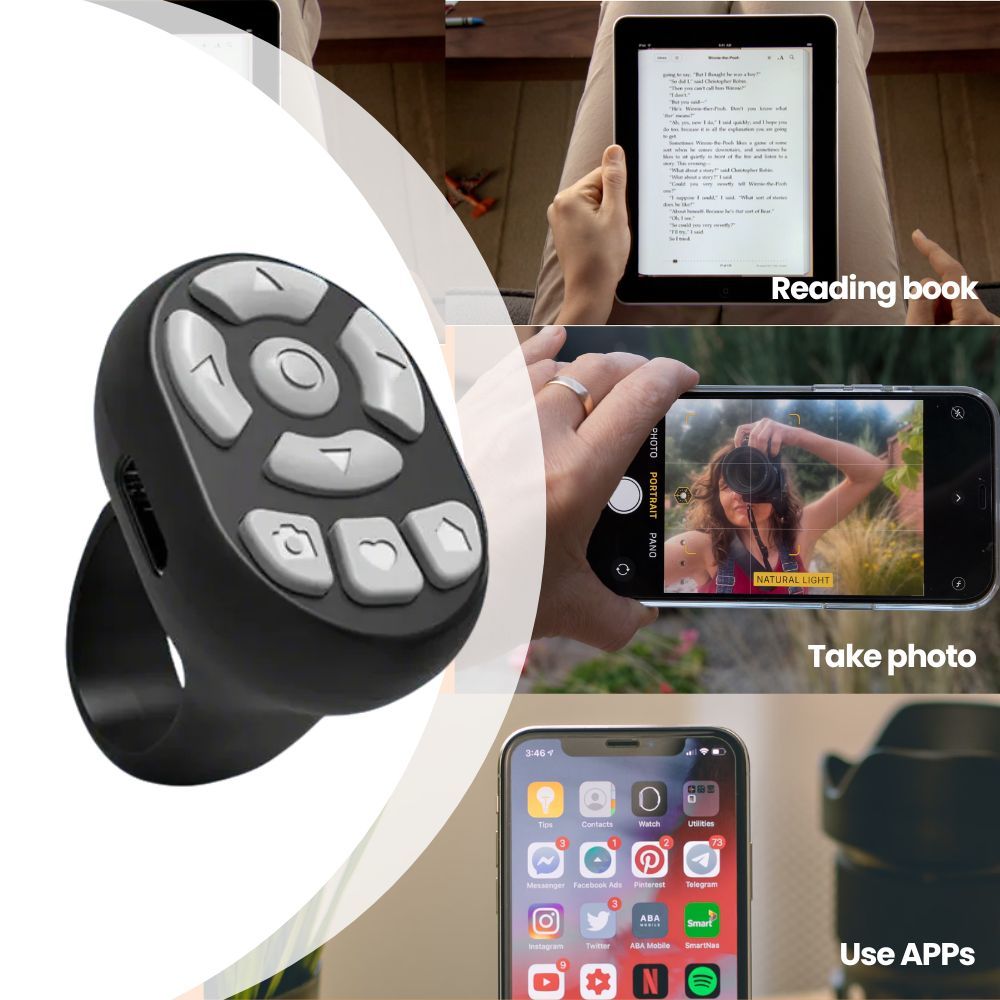 Scrolling Ring Remote Page Turner Wireless Finger Scroller Camera Video Record-Black