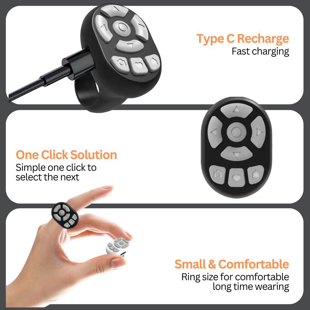 Scrolling Ring Remote Page Turner Wireless Finger Scroller Camera Video Record-White