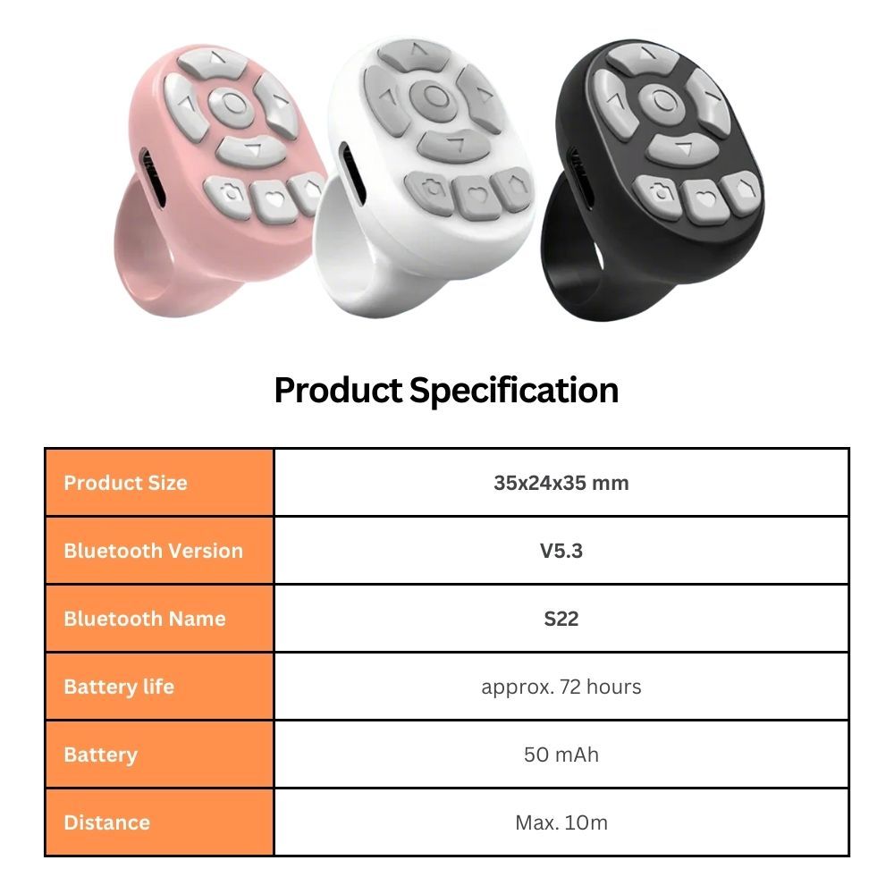 Scrolling Ring Remote Page Turner Wireless Finger Scroller Camera Video Record-White