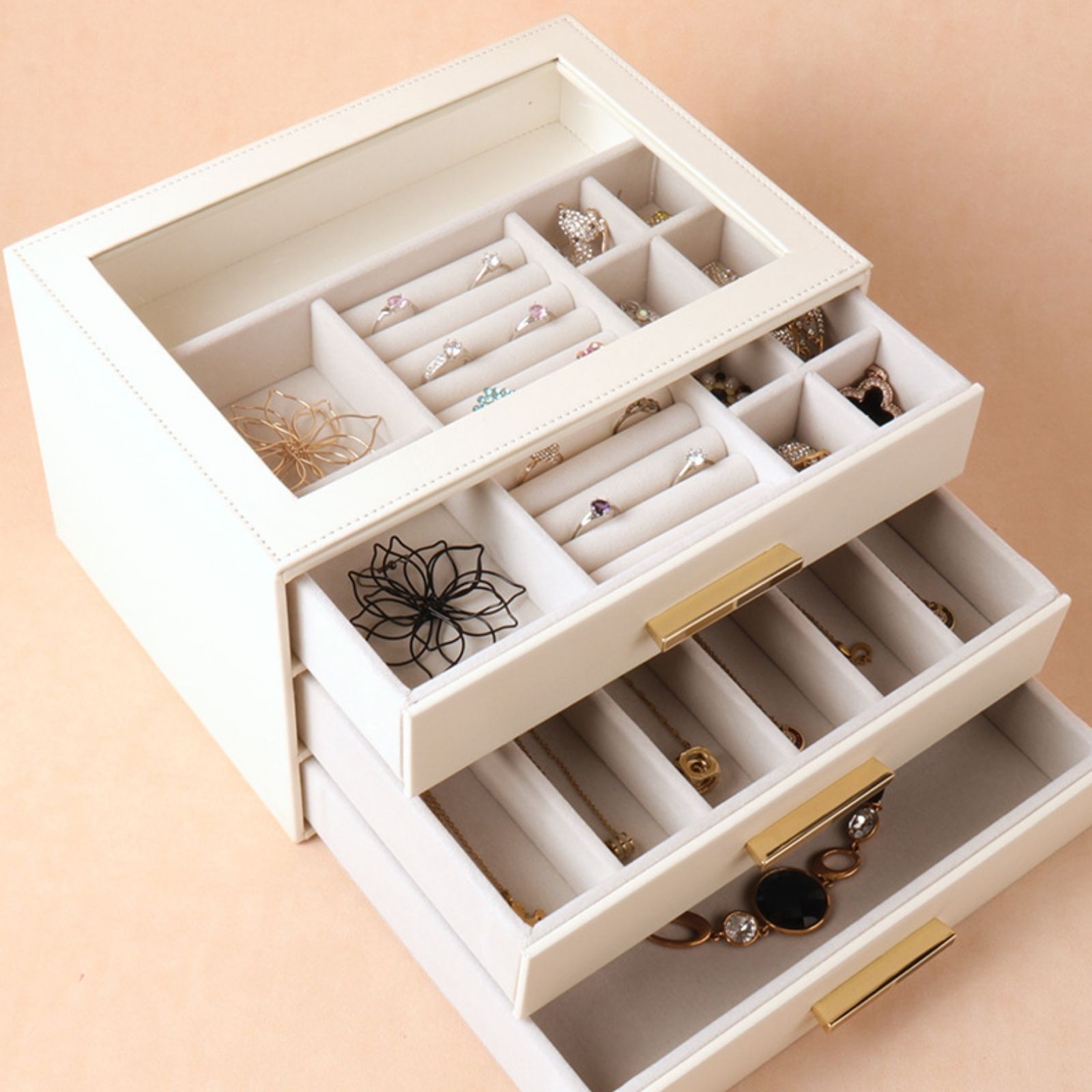 PU Leather Jewellery 3 Level Storage Box Drawer Organiser Gift