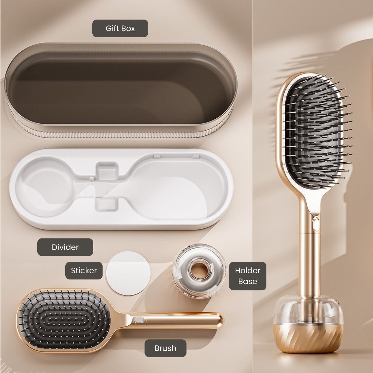 Air Cushion Massage Hair Brush Set with Wall Mount Holder Base - Black