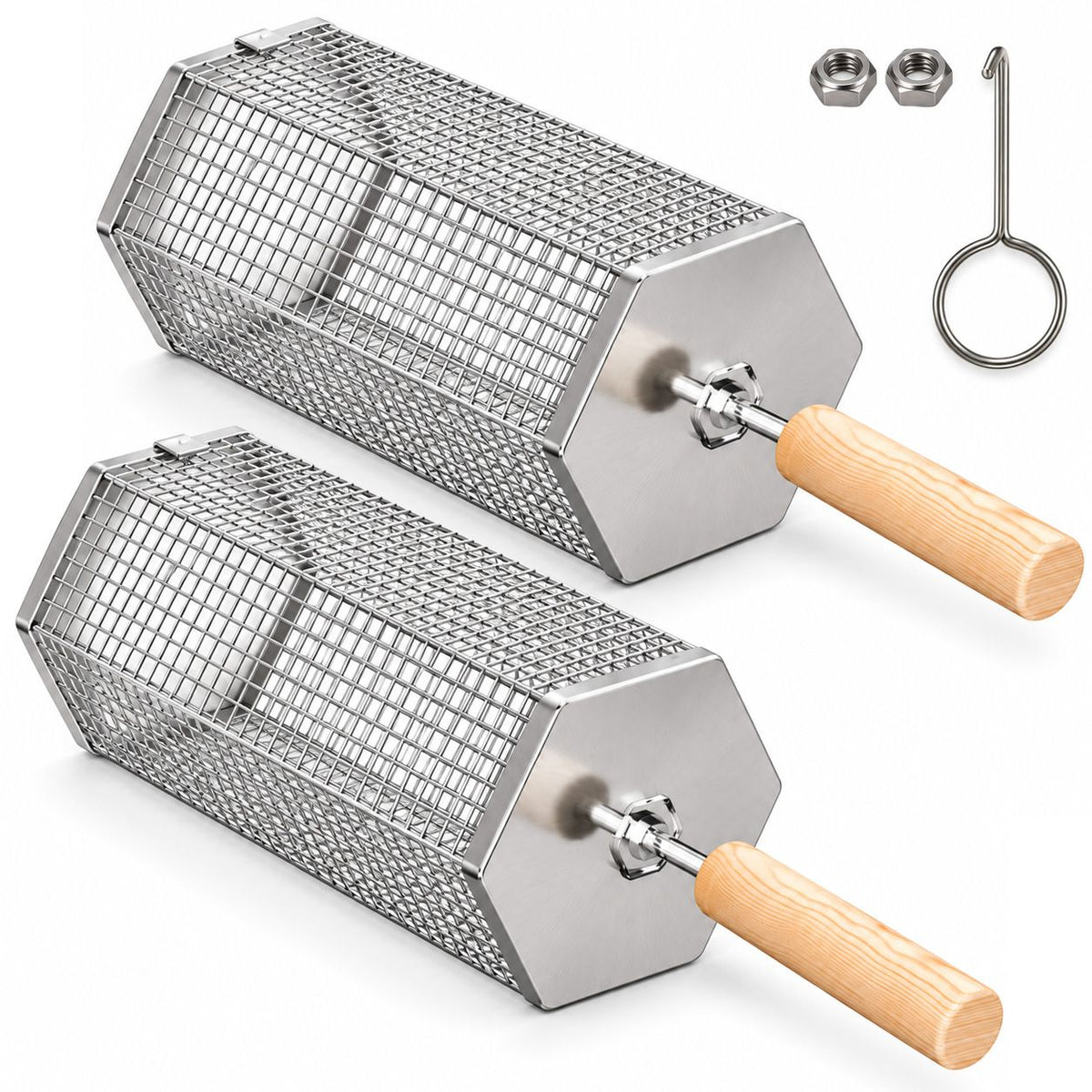 2Pcs Rolling Grill Basket with Removable Handle, 304 Stainless Steel BBQ Grilling Basket for Vegetables, Fish, Shrimp & Meat, Rotating Barbecue Cooking Basket for Outdoor Camping, Picnic & Backyard Grill