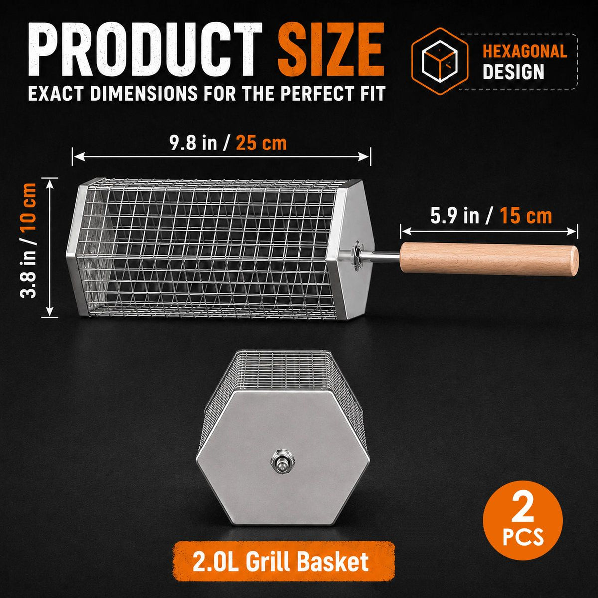 2Pcs Rolling Grill Basket with Removable Handle, 304 Stainless Steel BBQ Grilling Basket for Vegetables, Fish, Shrimp & Meat, Rotating Barbecue Cooking Basket for Outdoor Camping, Picnic & Backyard Grill
