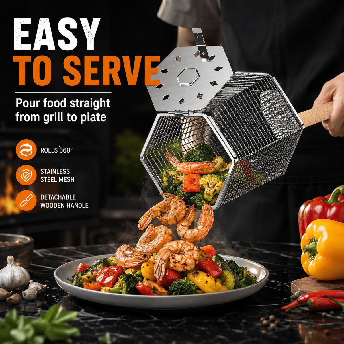 2Pcs Rolling Grill Basket with Removable Handle, 304 Stainless Steel BBQ Grilling Basket for Vegetables, Fish, Shrimp & Meat, Rotating Barbecue Cooking Basket for Outdoor Camping, Picnic & Backyard Grill