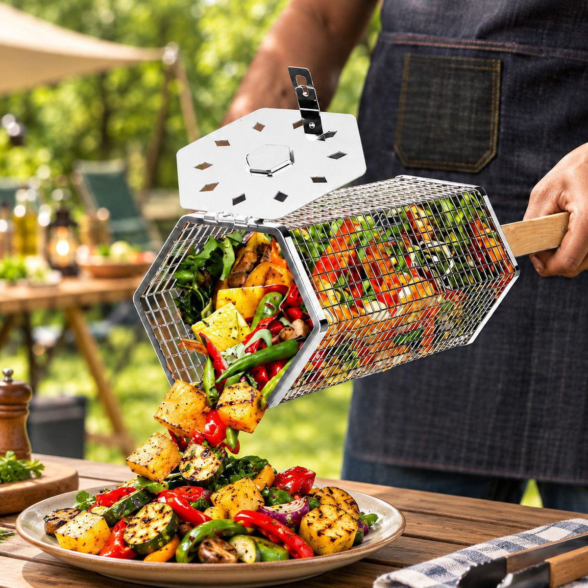 2Pcs Rolling Grill Basket with Removable Handle, 304 Stainless Steel BBQ Grilling Basket for Vegetables, Fish, Shrimp & Meat, Rotating Barbecue Cooking Basket for Outdoor Camping, Picnic & Backyard Grill