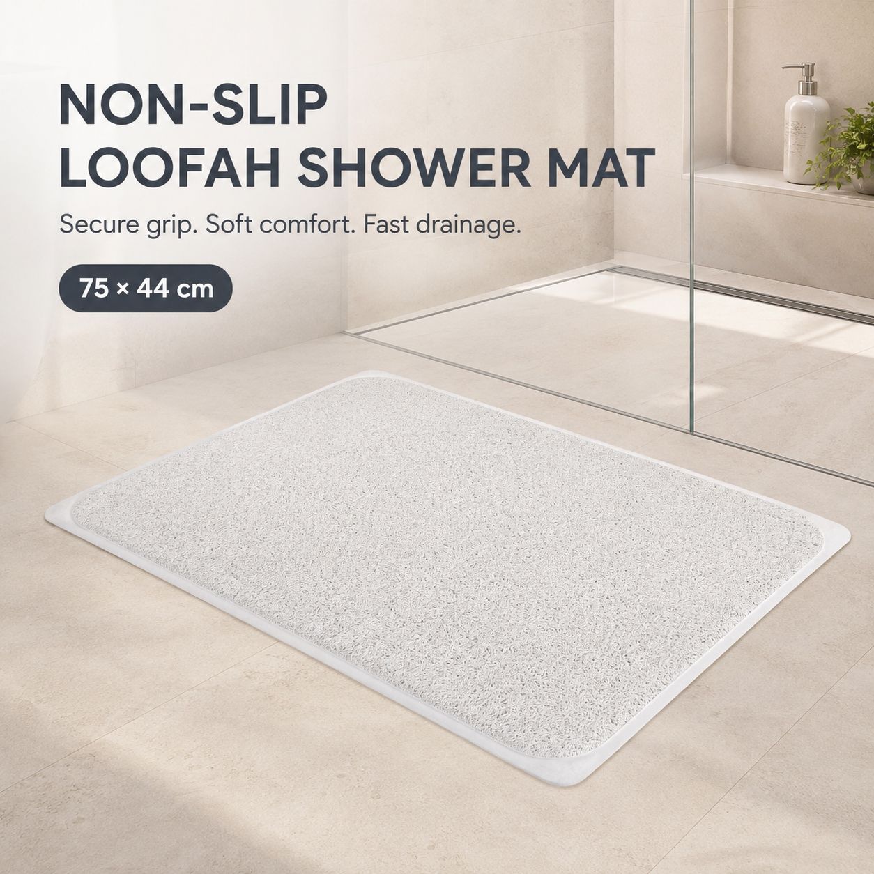 2 Pack Non-Slip Loofah Shower Mats 75x44cm Bathroom Bath Mat Machine Washable with Suction Caps Quick Drain